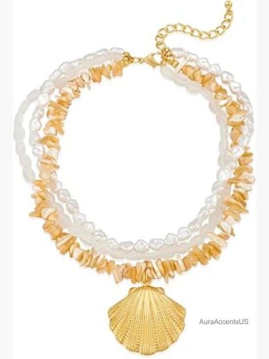 Jewelry - 3-Layer Seashell Pendant Necklace, Gold Brass Beach Necklace for Women